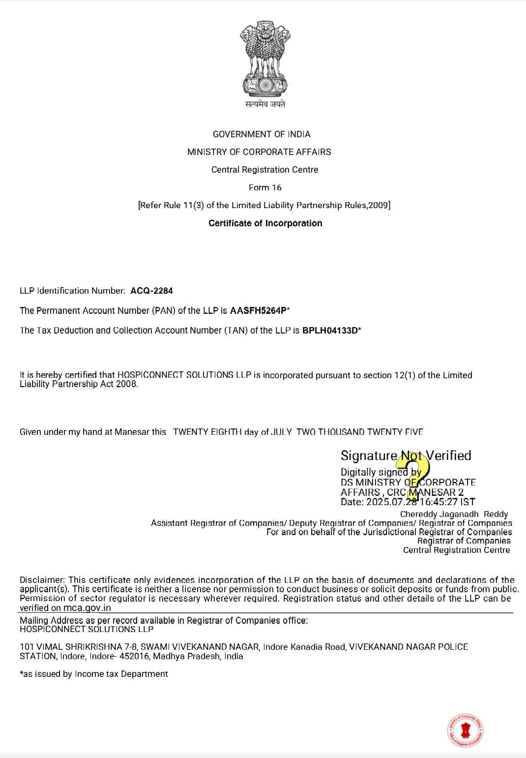 HospiConnect Solutions LLP Certificate of Incorporation