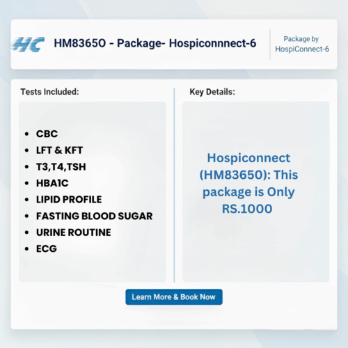 HM8365O -  Package- Hospiconnect-6 :- CBC ,  LFT & KFT ,T3,T4,TSH  ,HBA1C , LIPID PROFILE , FASTING BLOOD SUGAR  , URINE ROUTINE , ECG
